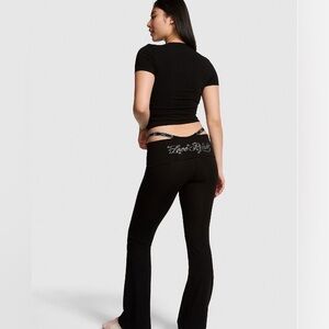 VS PINK Fold Over Waist Black Flare Leggings w/Diamanté “Love Pink” Logo size XL